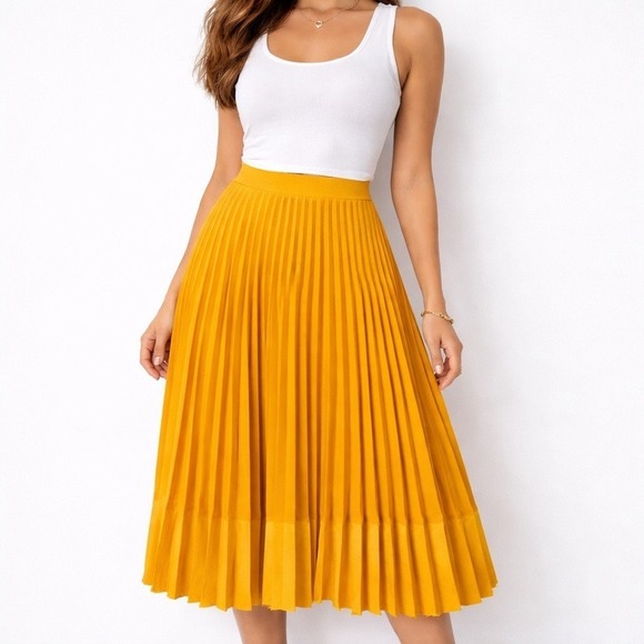 Zara Dresses & Skirts - Zara Pleated Midi Skirt Golden Yellow Orange XS Resort Boho Festival